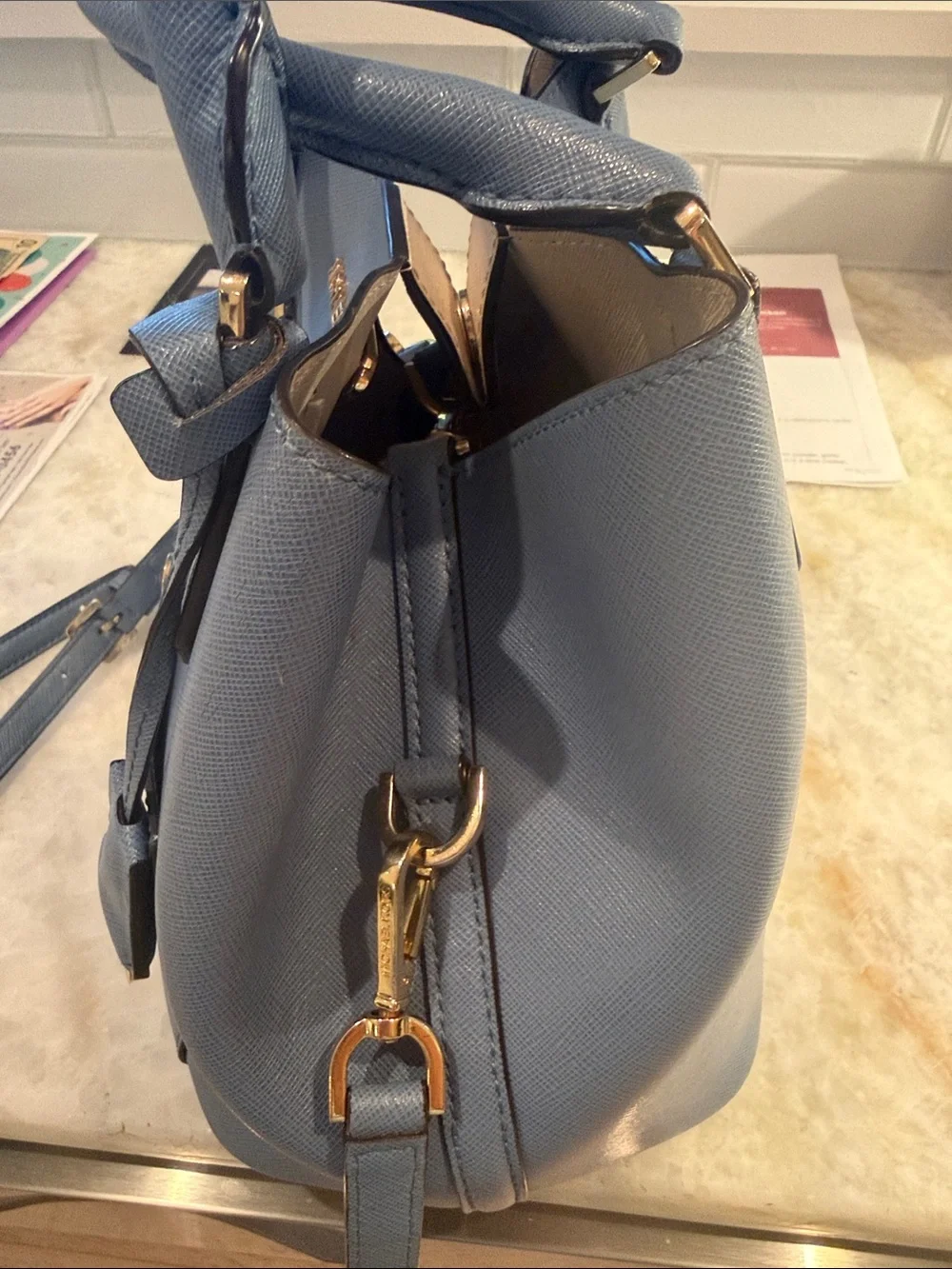 Michael Kors Dusty Blue Leather Shoulder Satchel